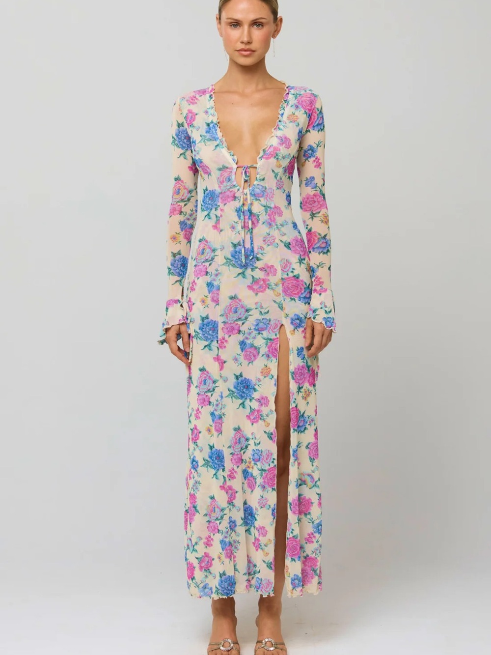 RESA Floral Long Sleeve Maxi Dress in Cream with Pink & Blue Roses